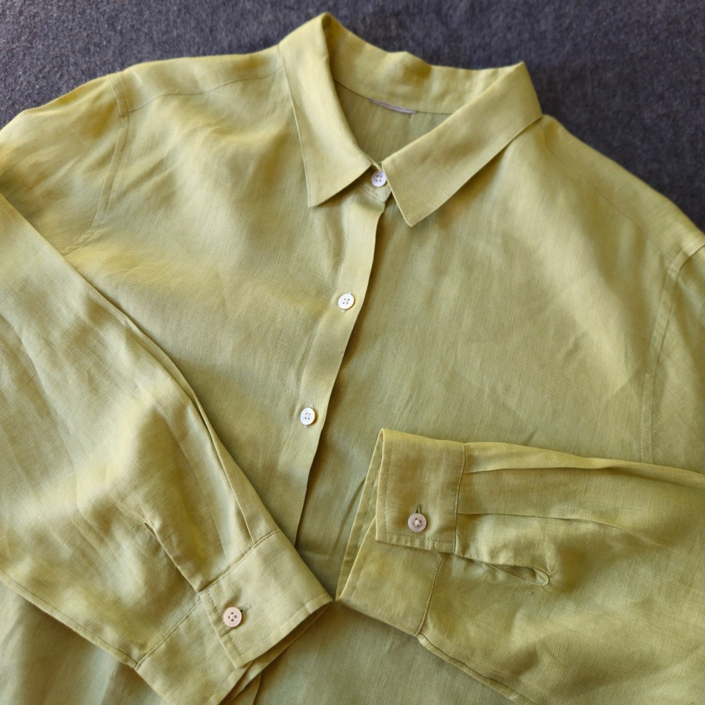 J. Jill 100% Linen Button Down Chartreuse Size XL Lagenlook Beachy Resortwear